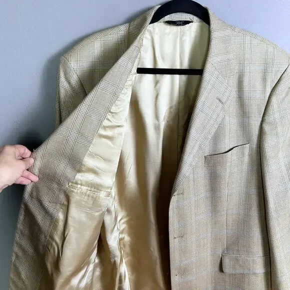 Brooks‎ Brothers sport coat 44 R plaid neutral wool silk tan (FLAW)